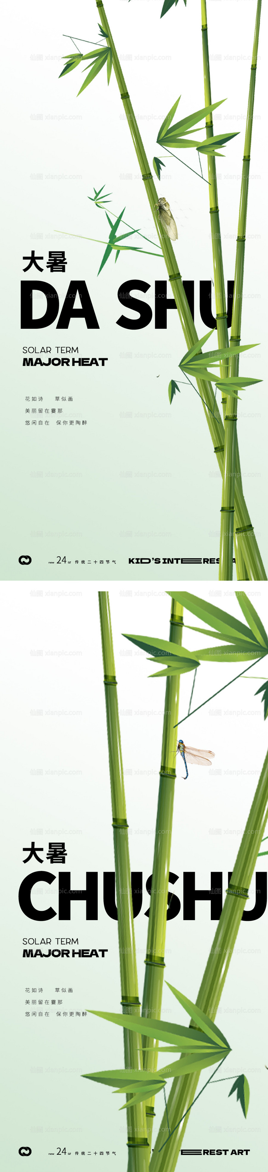 素材乐-大暑处暑中式竹子插画24节气海报