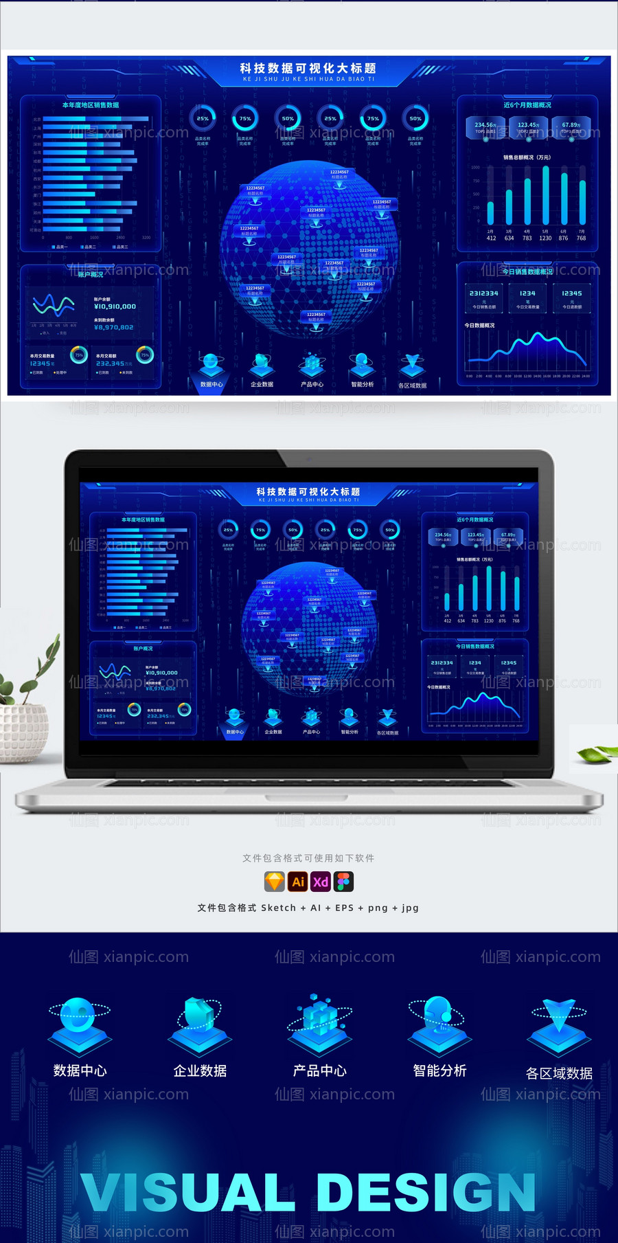 素材乐-科技蓝大数据可视化图表统计后台UI