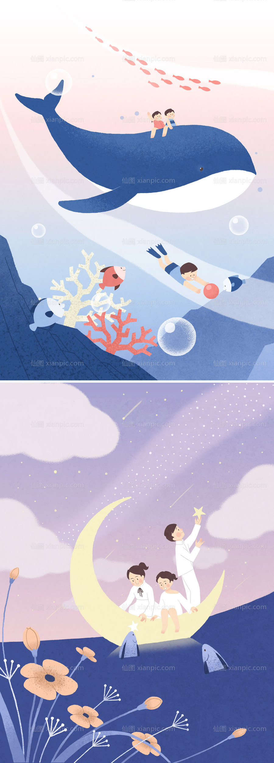 素材乐-鲸鱼月亮儿童节梦幻童话插画