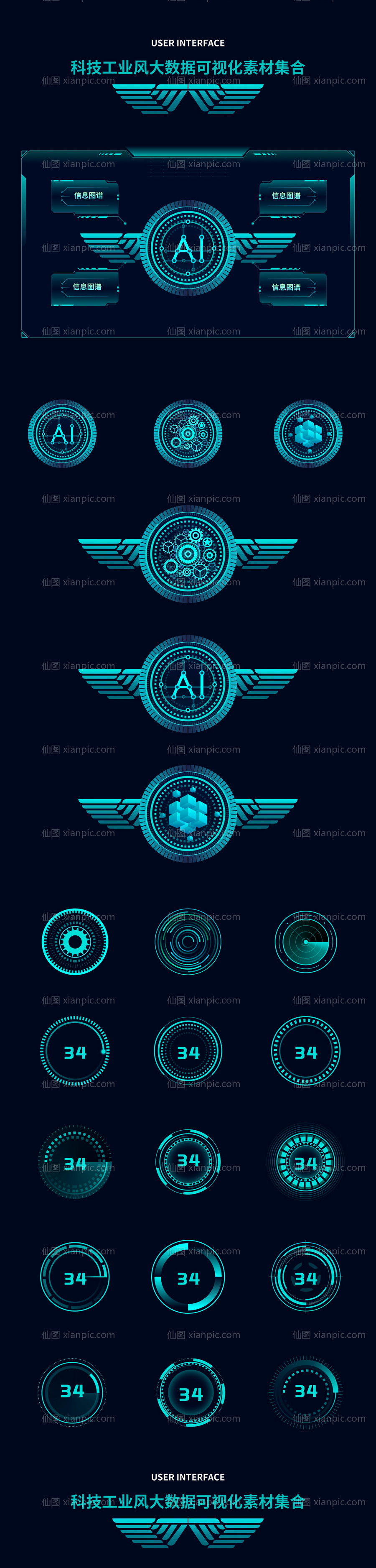 素材乐-科技感工业风大数据可视化组件素材模块化圆环圆形集合（包含sketch+AI+eps格式）