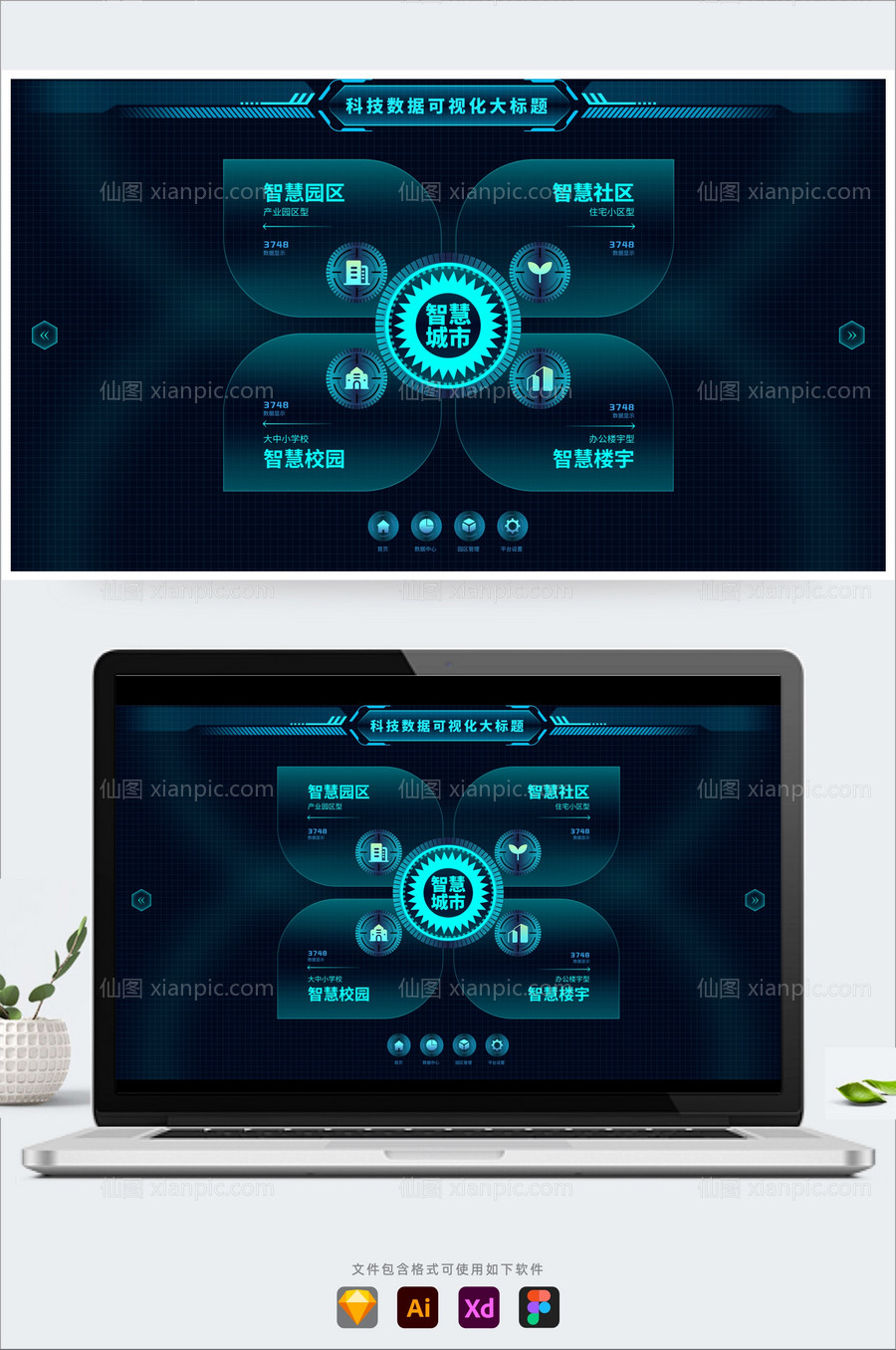 素材乐-简约科技感智慧城市平台首页暗黑系UI界面（sketch+AI+EPS格式）