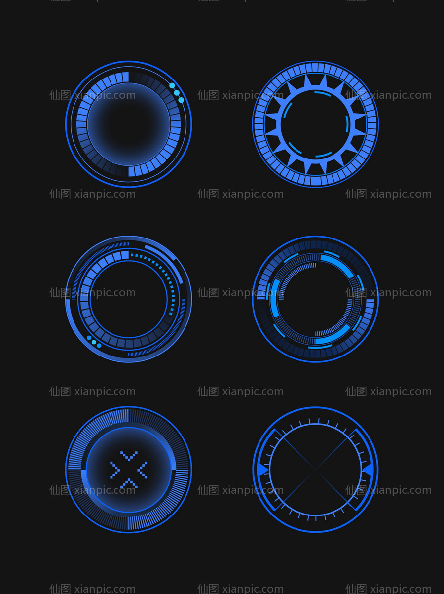 素材乐-科技机械边框几何图案旋转可视化圆环素材UI控件（全部矢量 包含sketch+AI+EPS+PNG格式）