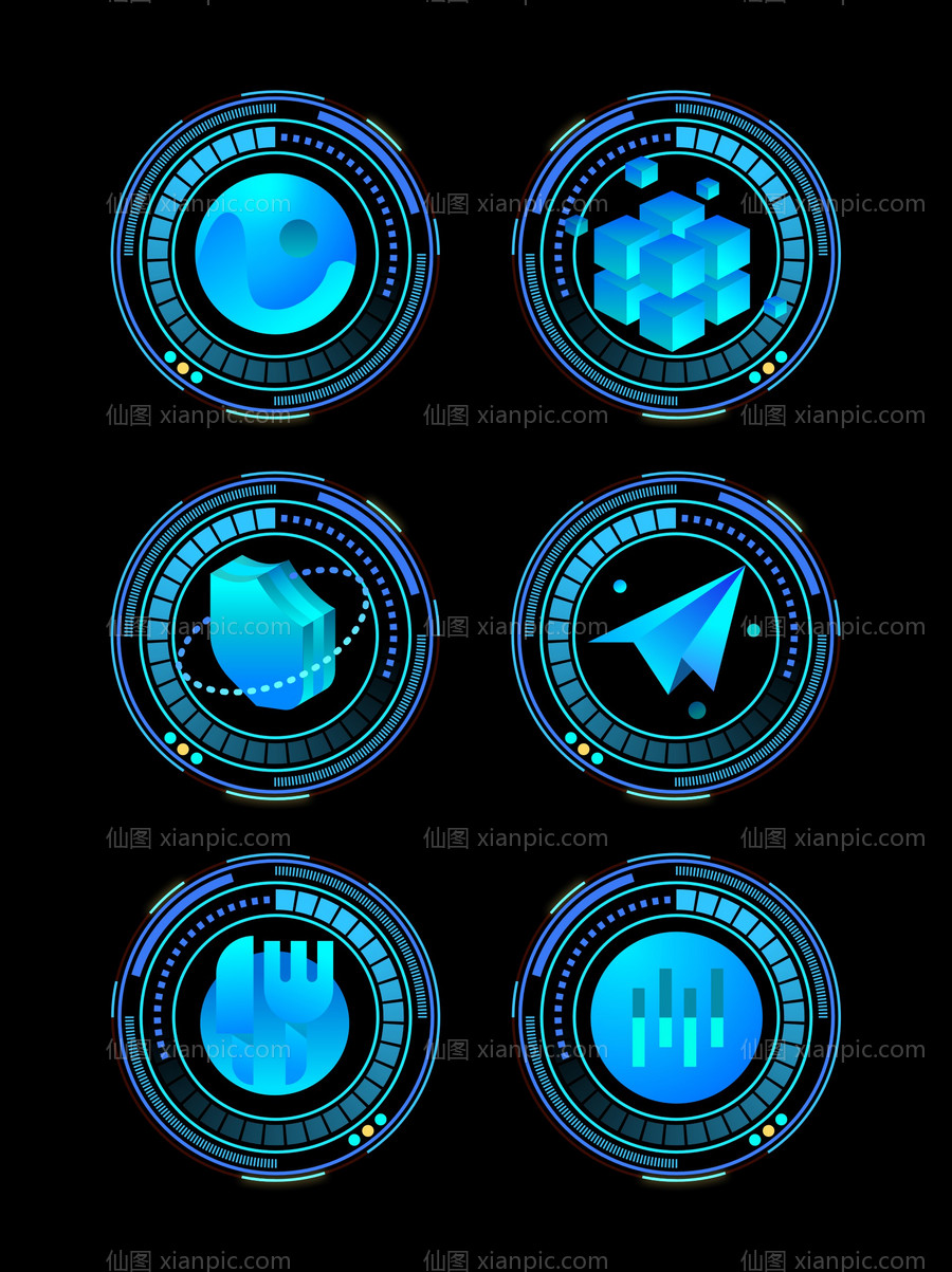 素材乐-科技感3D立体蓝色图标旋转圆环UI控件UI控件（全部矢量 包含sketch+AI+EPS+PNG格式）