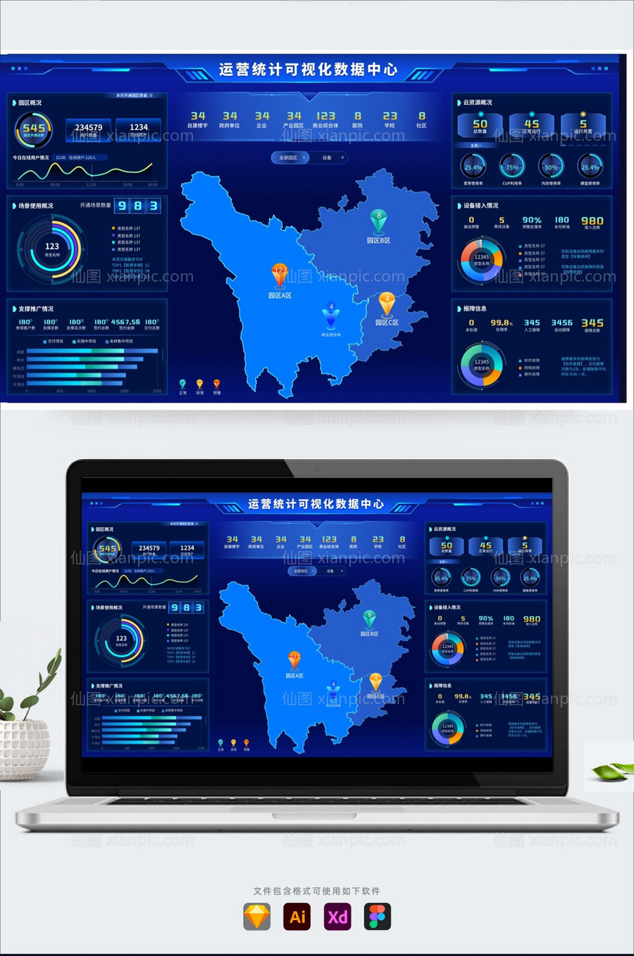 素材乐-科技蓝数据可视化智慧统计后台UI首页（sketch+AI）