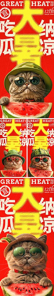 素材乐-大暑宜吃瓜小猫系列创意海报