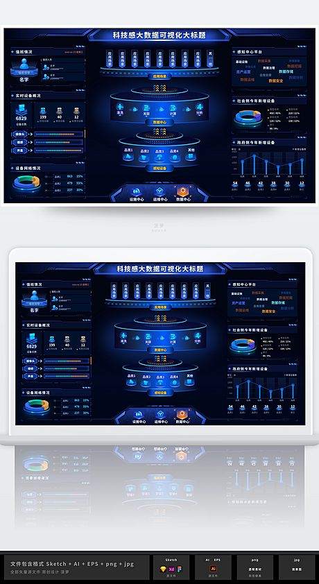 仙图网-蓝色科技感大数据可视化设备管理大屏统计UI后台